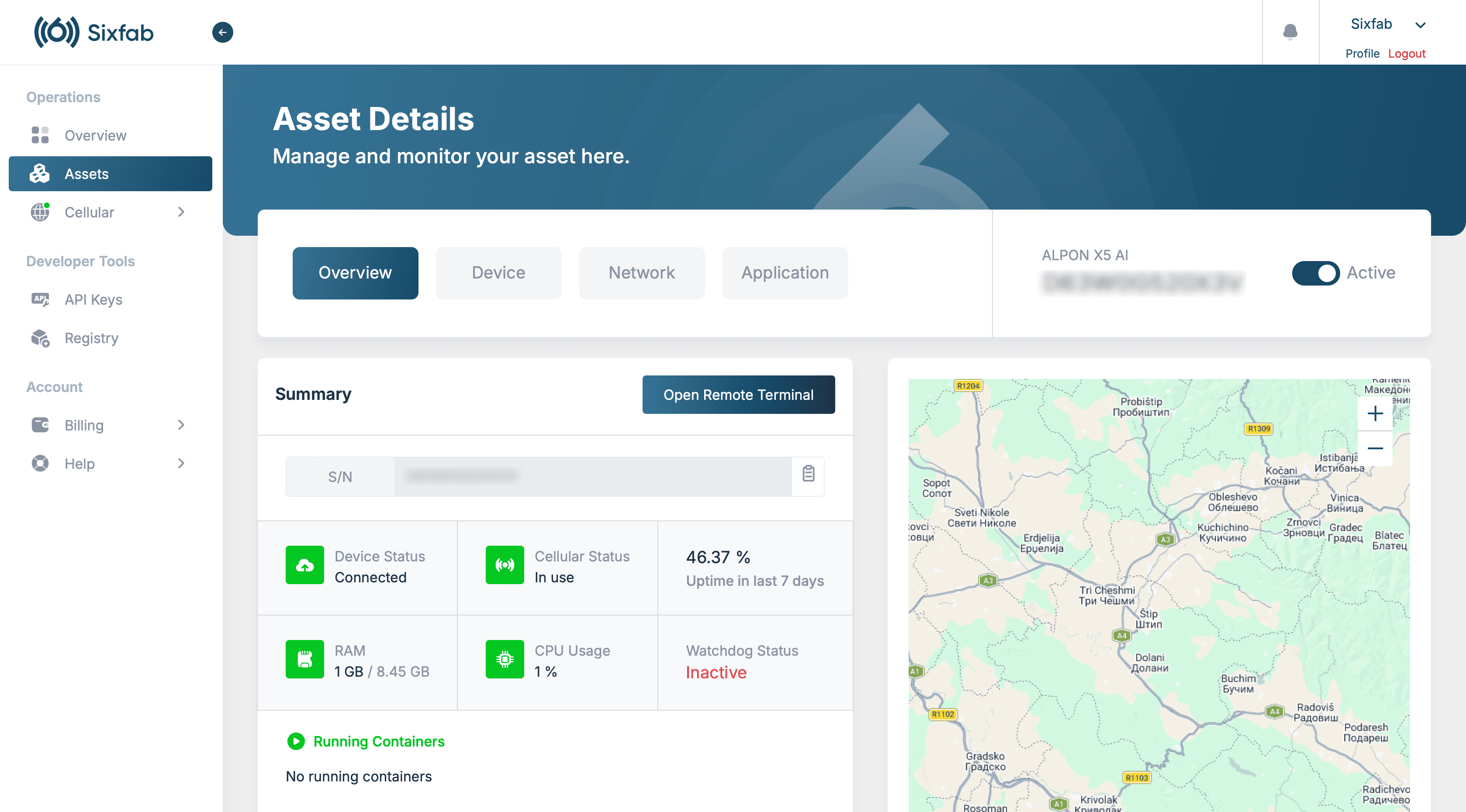ALPON Cloud dashboard with the device shown Online and the browser-based remote terminal open