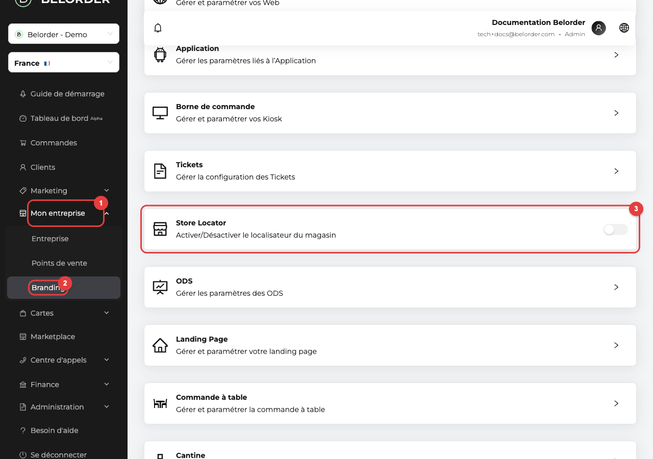 Page Branding du dashboard : le menu Mon entreprise, l'entrée Branding et la carte Store Locator avec son interrupteur d'activation
