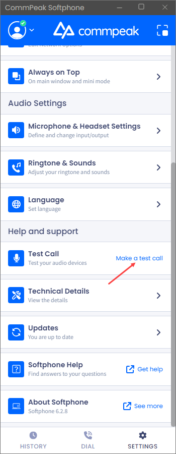 Screenshot of the Test Call option