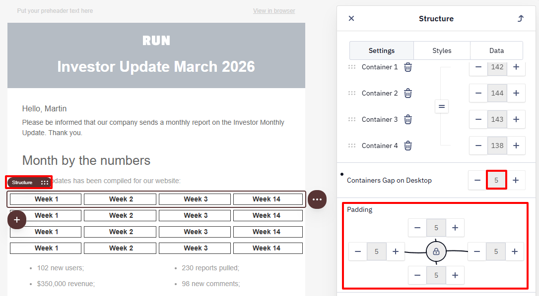 Updating gaps and padding