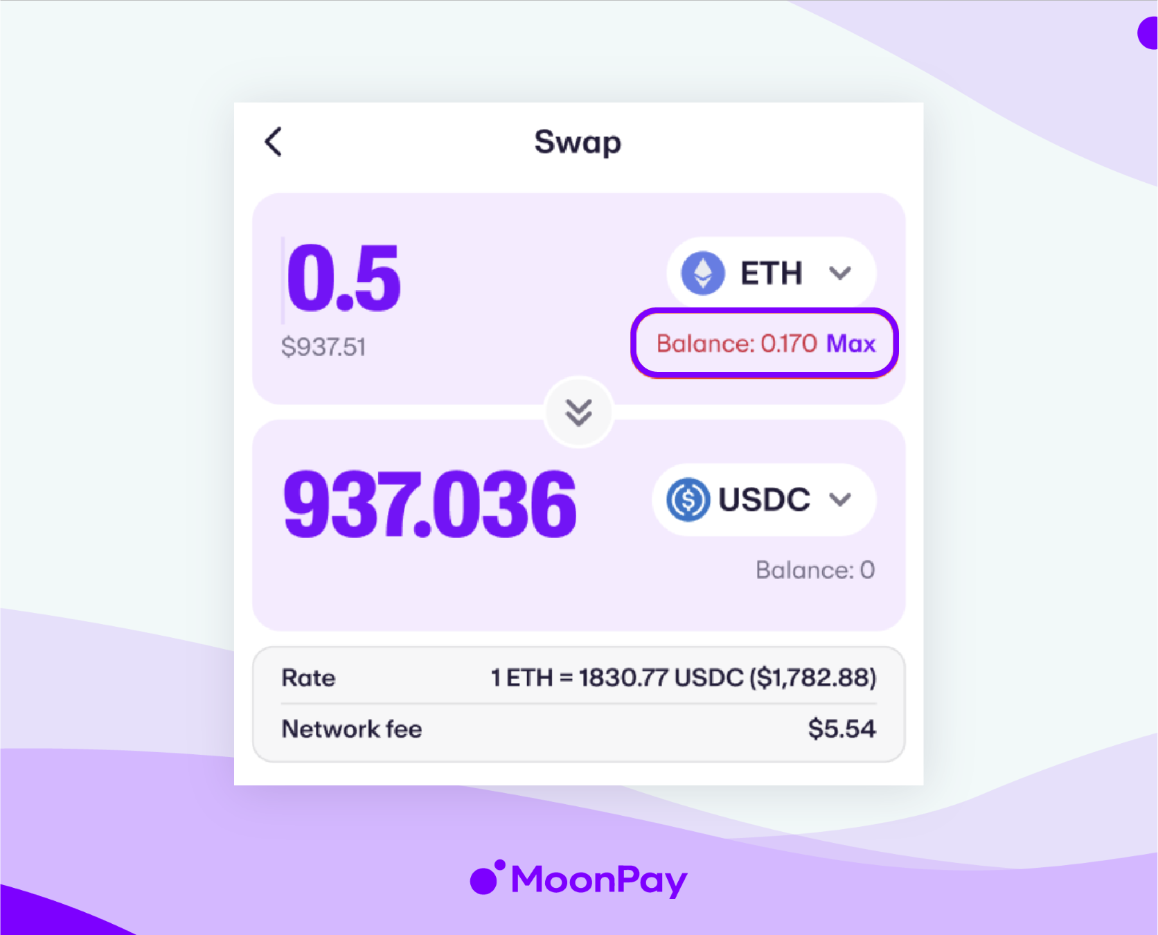 MoonPay app's window shows the amount inputted exceeds the actual balance.