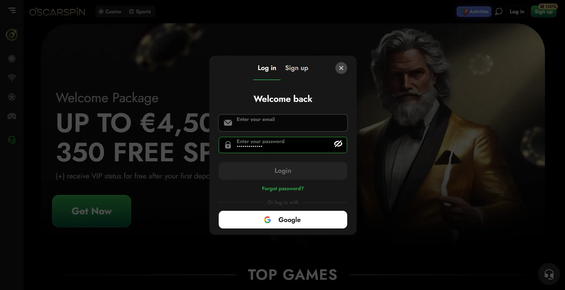 Oscarspin Casino login screen showing email and password fields with VIP bonus offer of €4,500 and 350 free spins