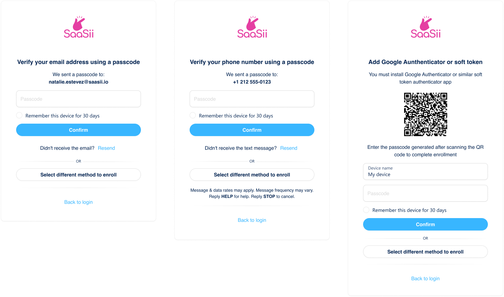 Screenshot showing three OTP-based multi-factor authentication enrollment screens. The first screen prompts the user to verify their email address by entering a passcode sent to their email. The second screen asks the user to verify their phone number using a passcode sent via SMS. The third screen guides the user through enrolling a Google Authenticator or soft token app by scanning a QR code and entering the generated passcode. Each screen includes a "Confirm" button and an option to select a different enrollment method.