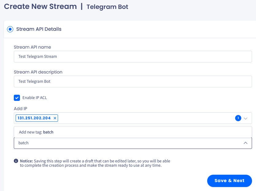 Screenshot of the Create New Stream page