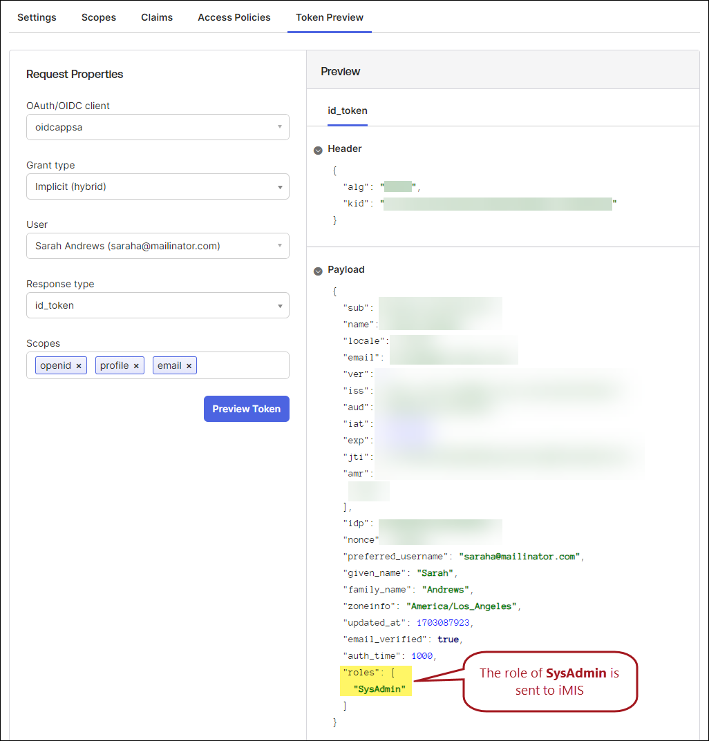 Clicking Preview Token