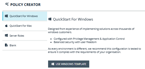 Policy Creator dialog box where you select a policy template