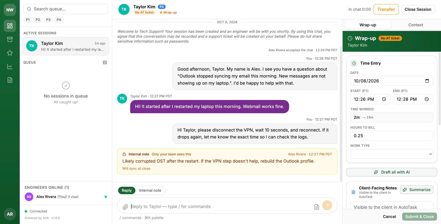 The Wrap-up panel with the time entry, the Draft all with AI button and the client-facing notes field