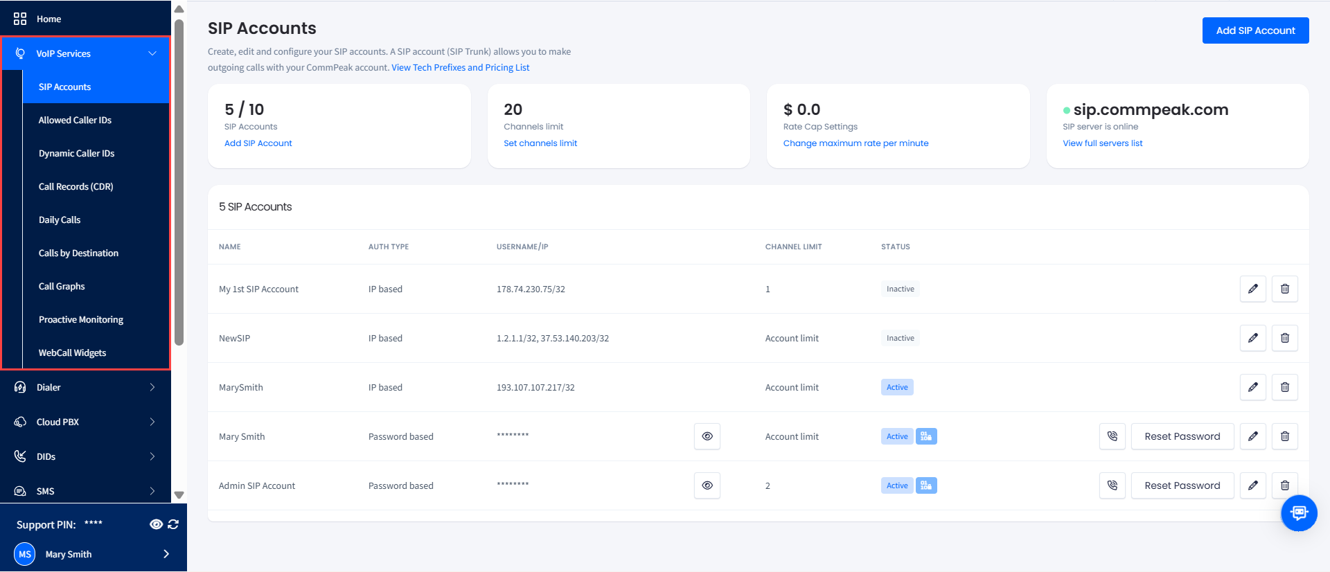 Screenshot of the VoIP Services menu