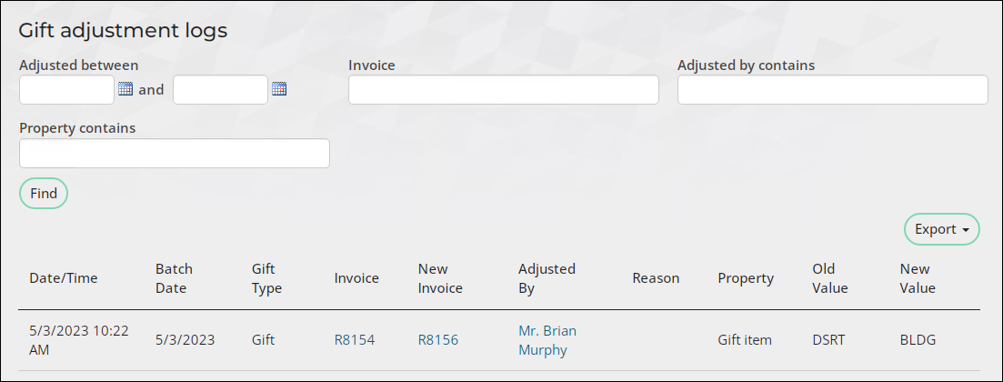 Gift adjustment logs window