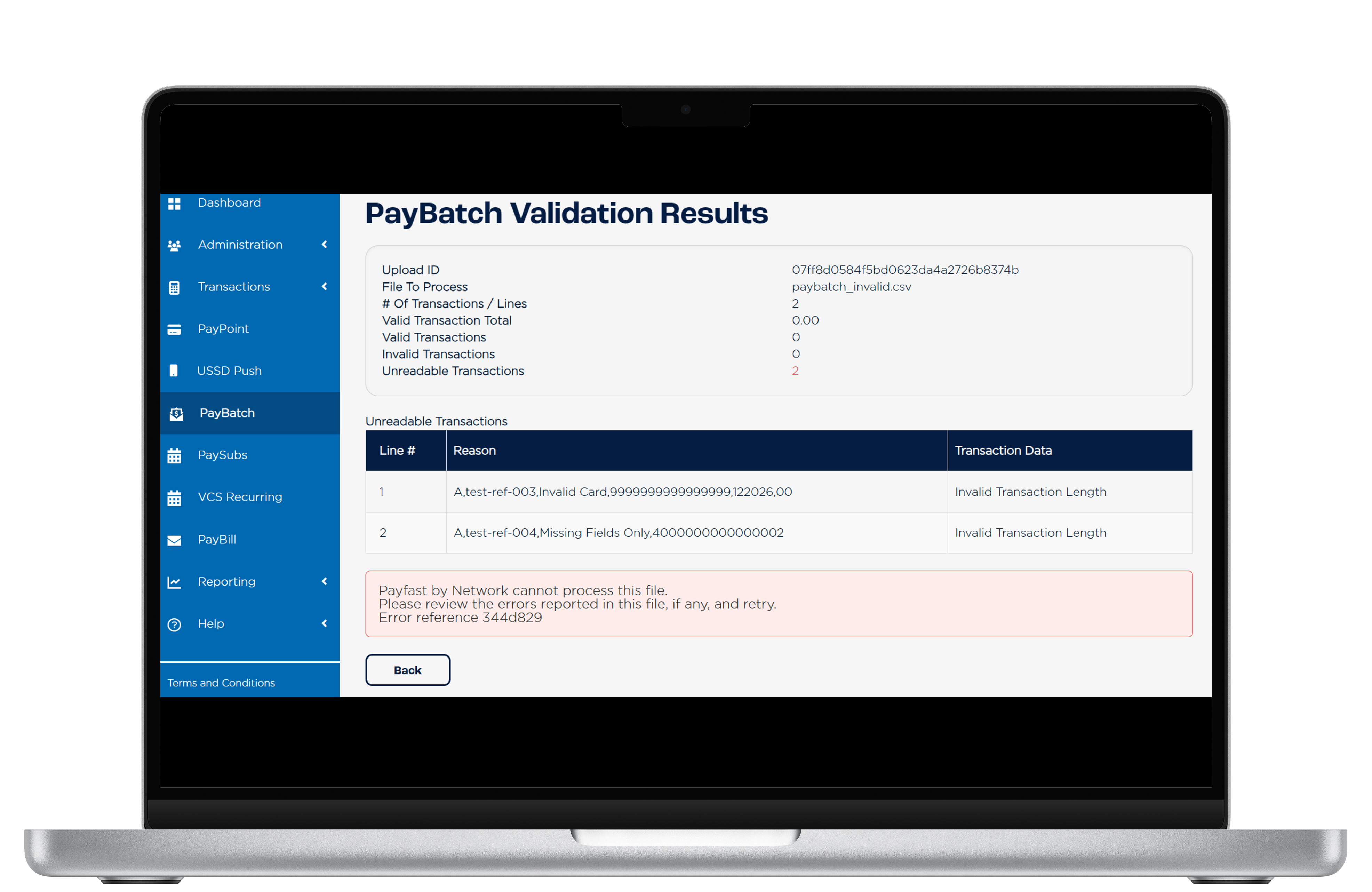 The screenshot displays the outcome if a file with validation errors has bee uploaded.