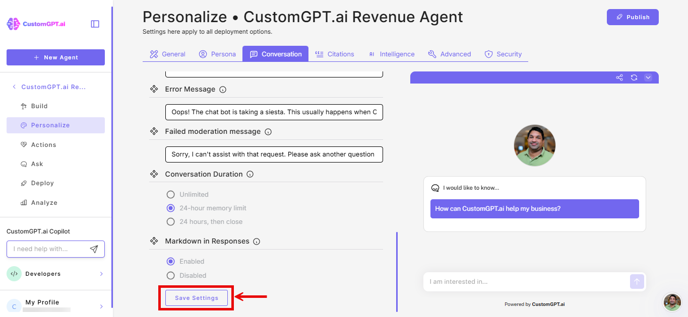 save changes button on conversations tab