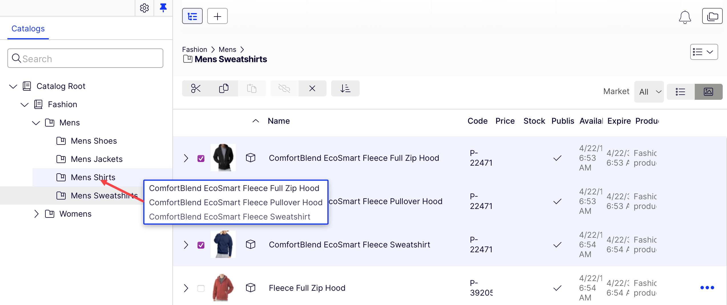 Screenshot of the Select Action window displayed when catalog entries are dragged to a new location.
