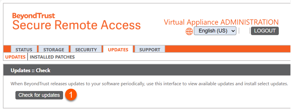 BeyondTrust Secure Remote Access interface showing the 'Updates' tab under Virtual Appliance Administration. The page includes a button labeled 'Check for updates' and instructions indicating that this interface is used to view and install available software updates released by BeyondTrust.