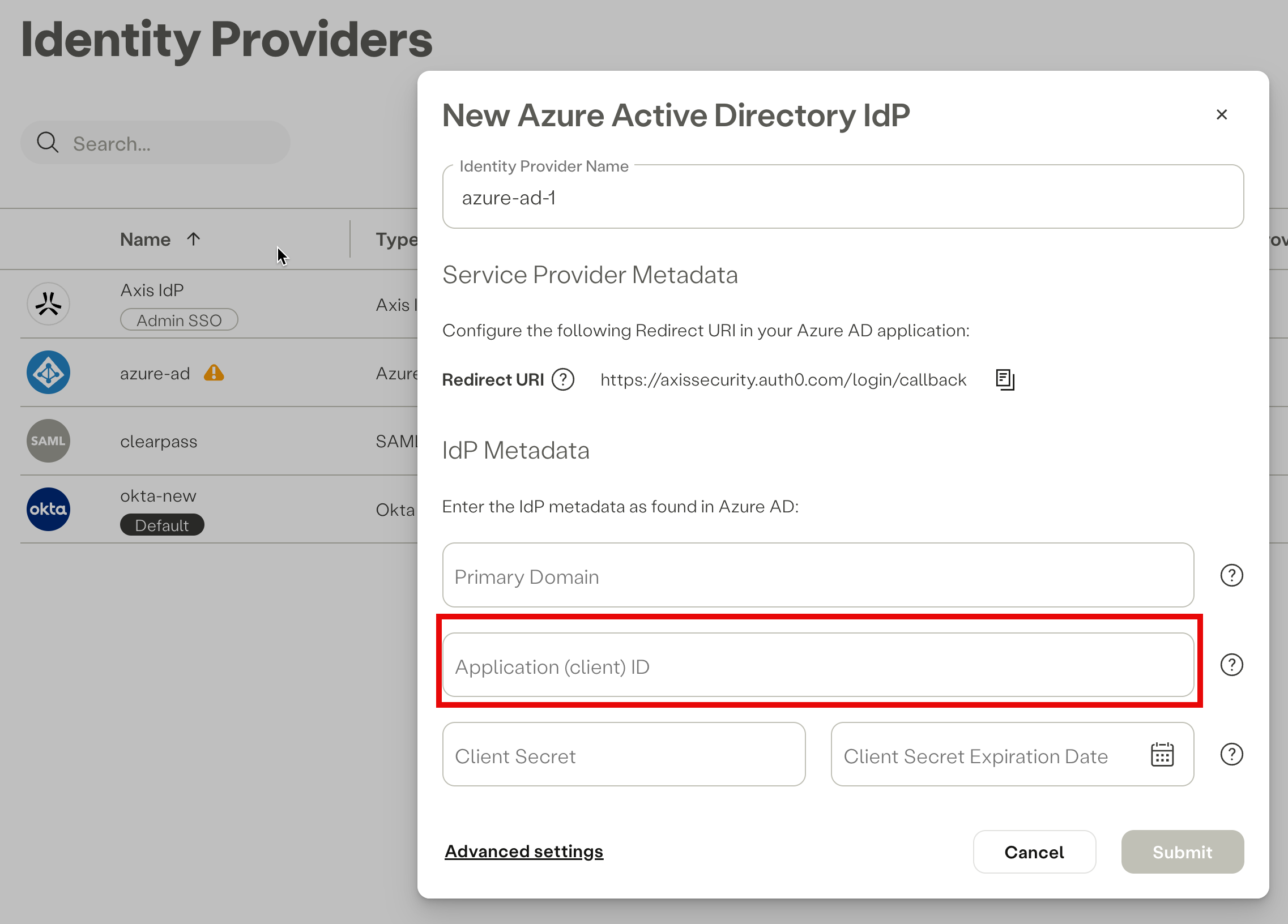 Pasting the **Application (client) ID** in the IdP form in the **Axis Management Console**