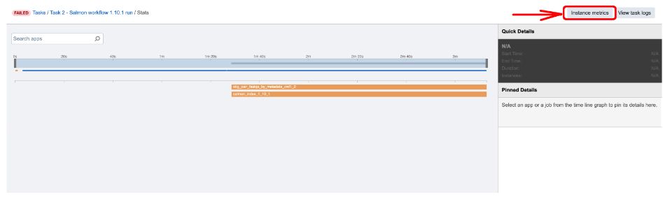 Figure 6. Accessing Instance metrics from View stats & logs panel.