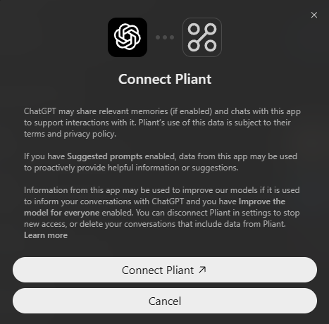 The Connect Pliant screen in ChatGPT