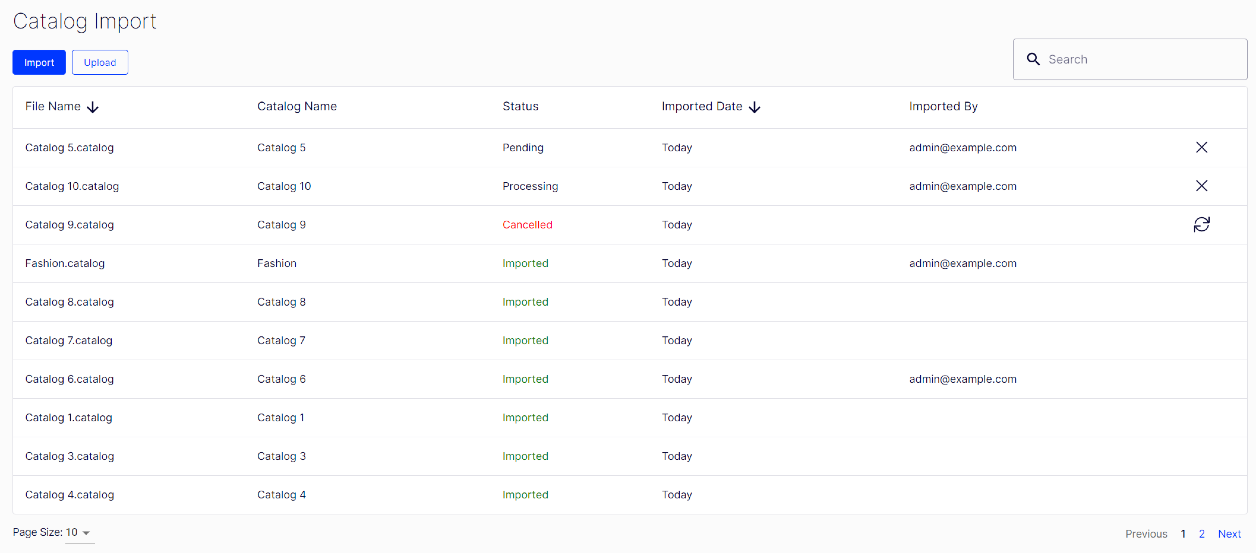 screenshot of the Import Dashboard showing an active import and files with Pending status