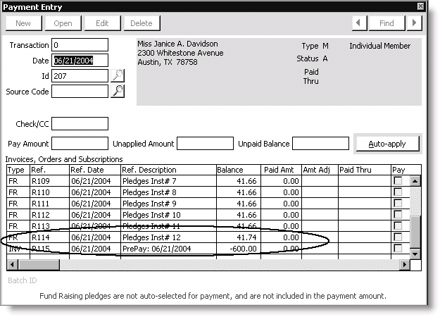 Example of a credit balance line item