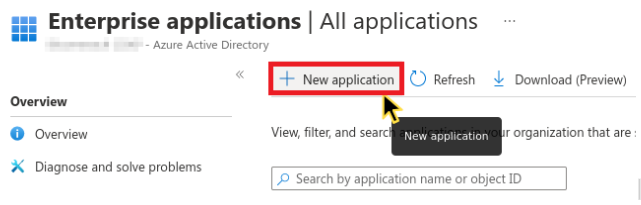 Azure AD Enterprise Applications page with New application button highlighted.