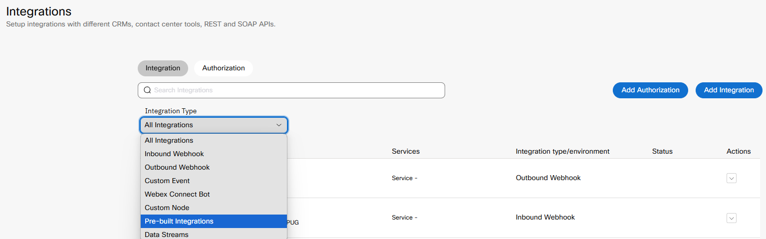 Interface showing how to choose Pre-built Integrations from the Integration Type drop-down menu.