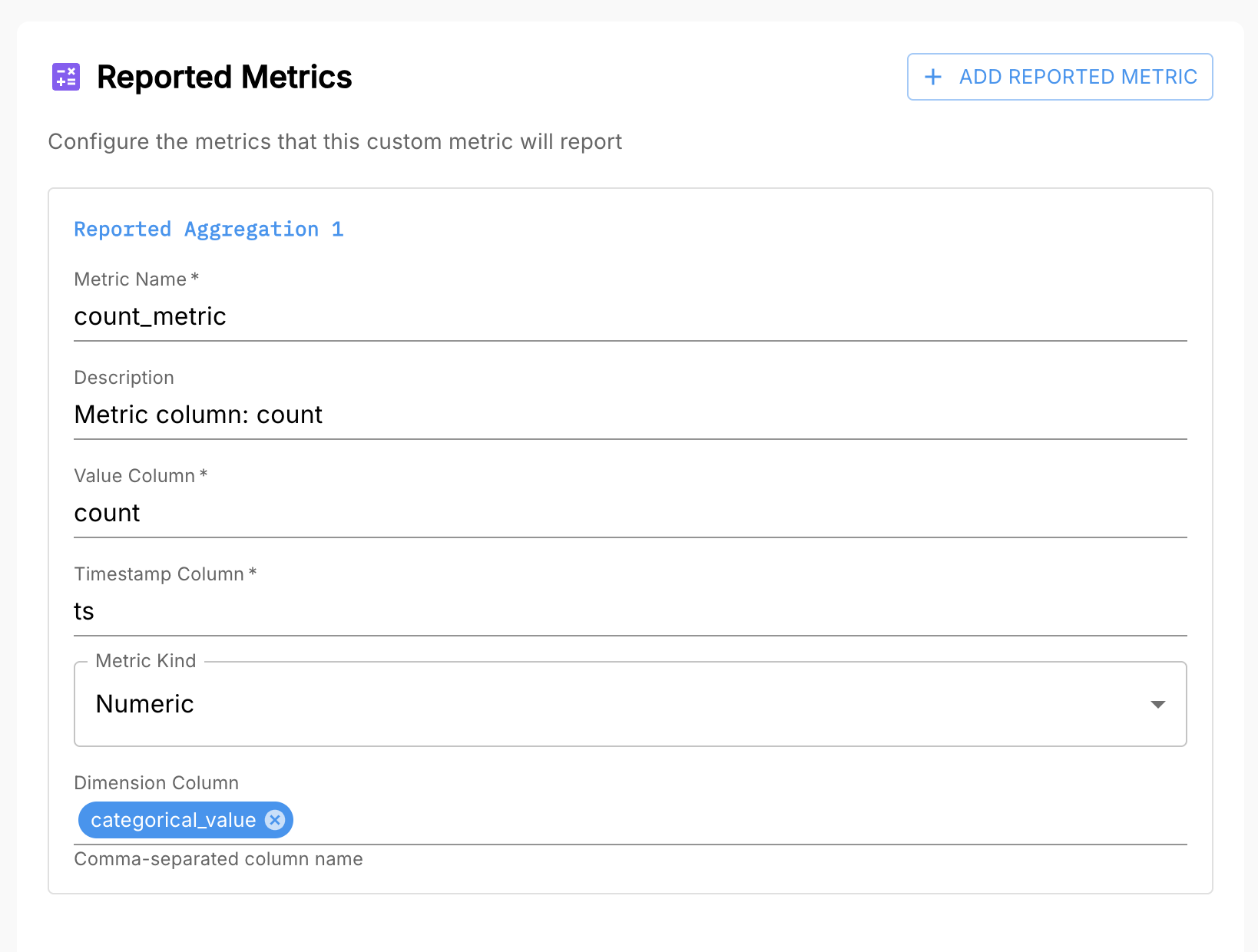 Reported metrics configuration in the UI