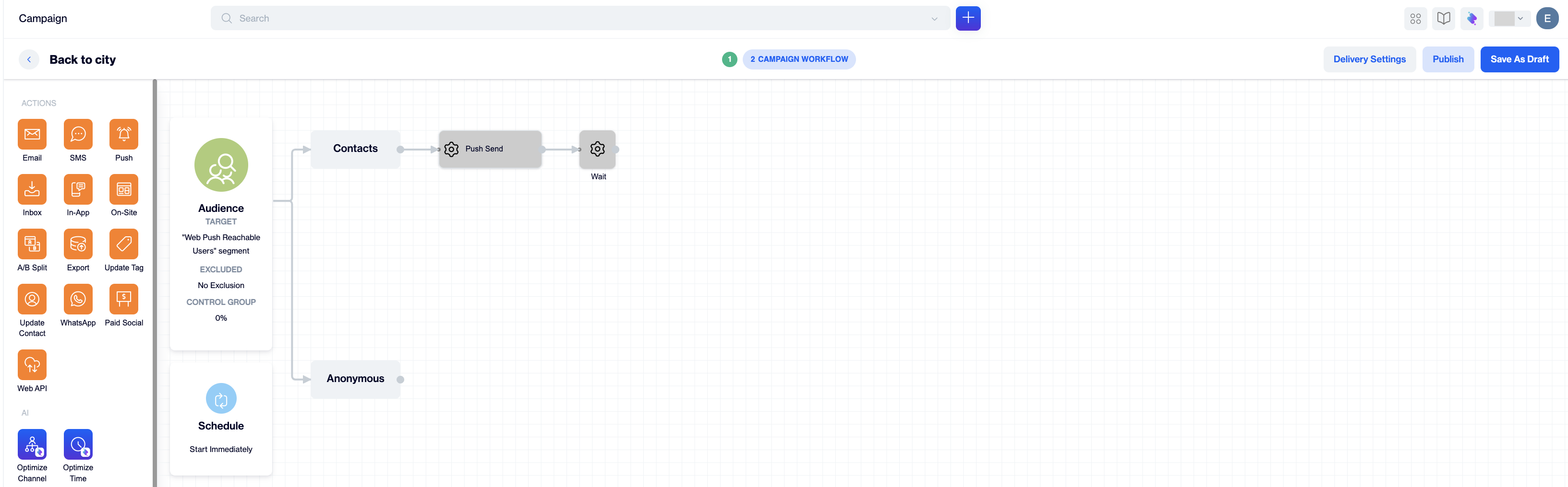 Flow campaign canvas with the Push Send node and its connected Wait node placed after the Audience and Schedule nodes