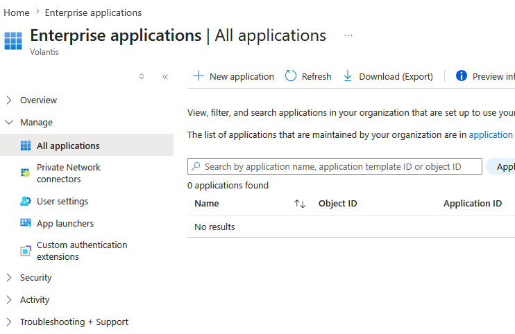 Azure AD Enterprise Applications page with New application button highlighted.