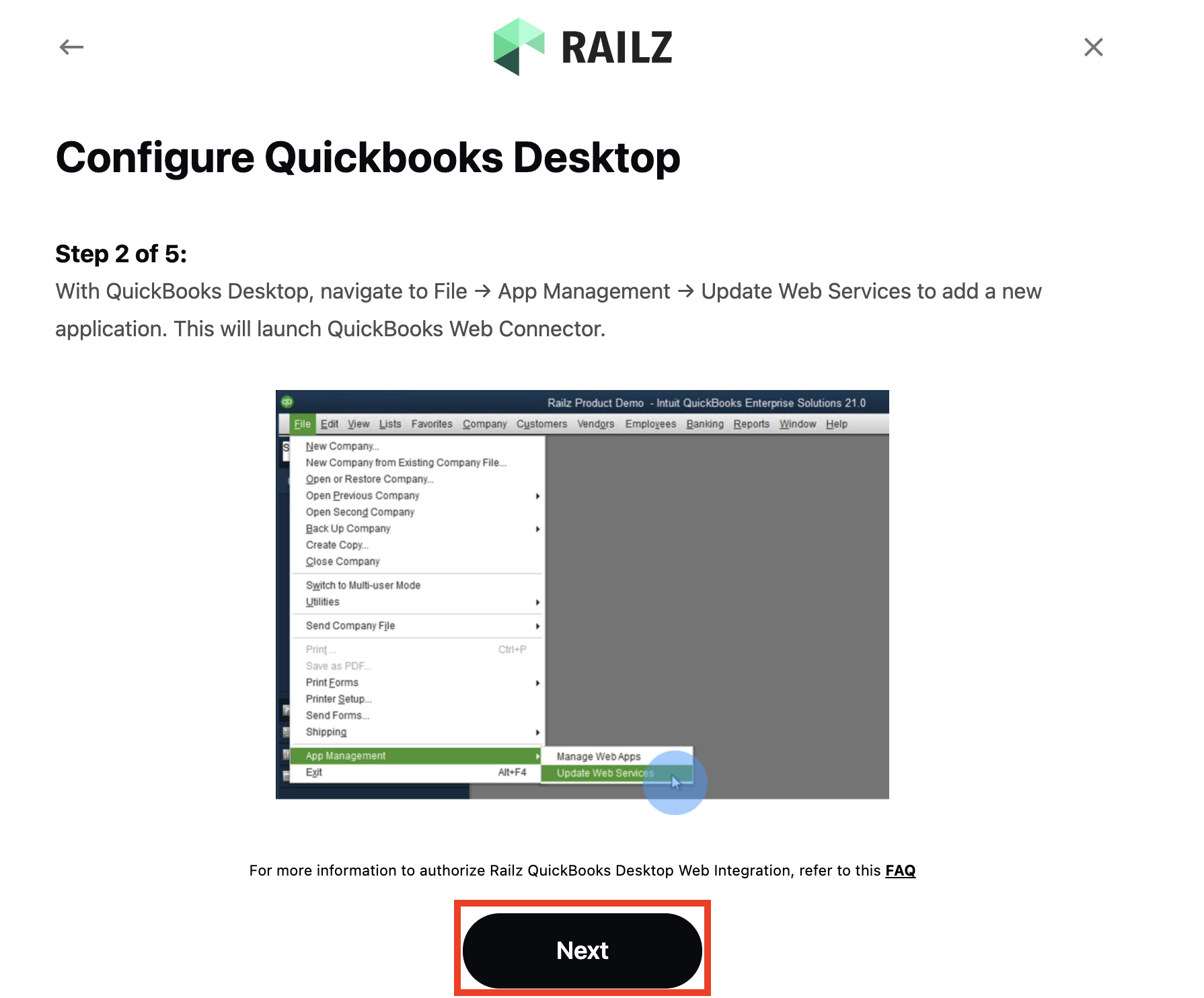 Railz Connect - QuickBooks Desktop Step 2. Click to Expand.