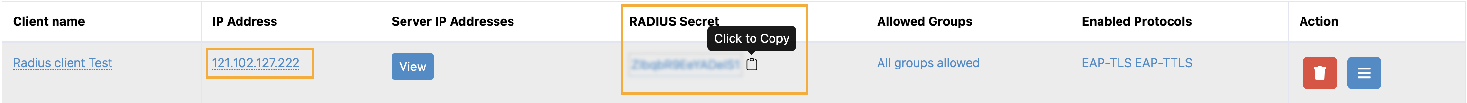 Copy RADIUS IP address and the secret