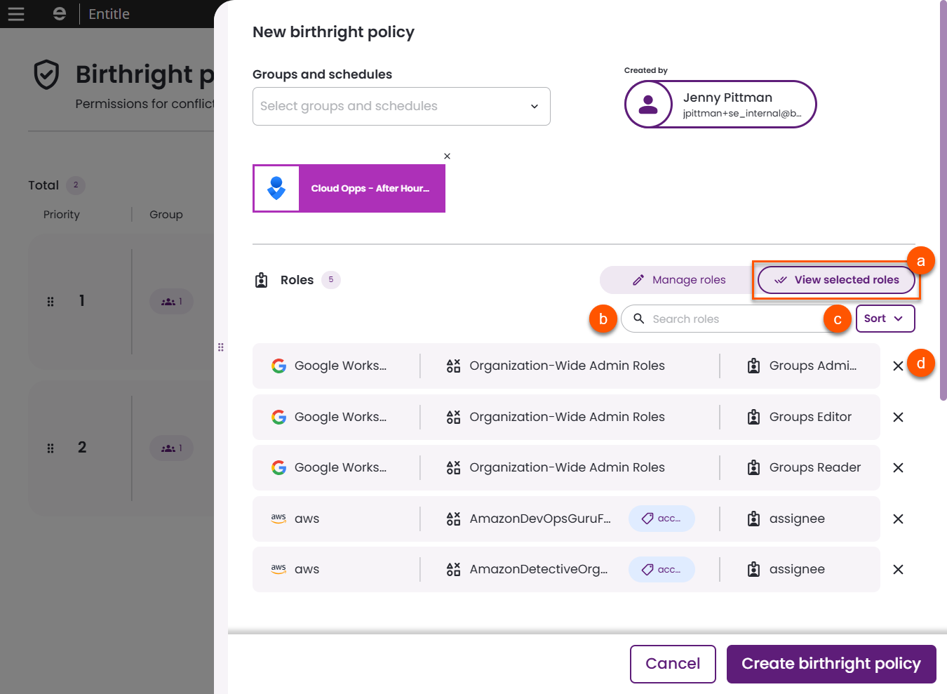 Birthright policy form showing selected roles list across integrations with options to manage, view, search, and sort roles.