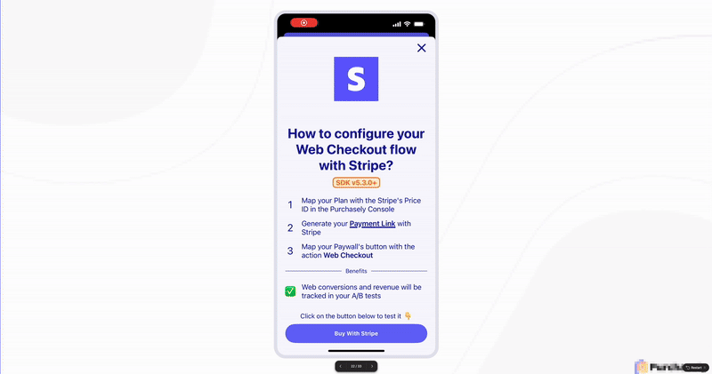 Screen recording of a successful Web Checkout with Stripe & Apple Pay (Purchasely Sample App)
