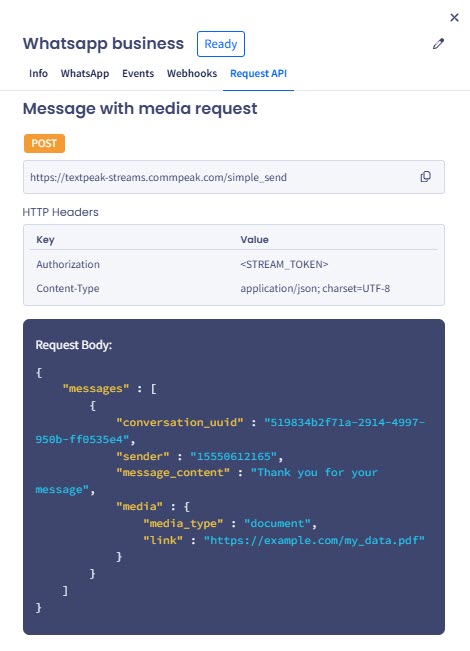 Screenshot of the Message with media request section