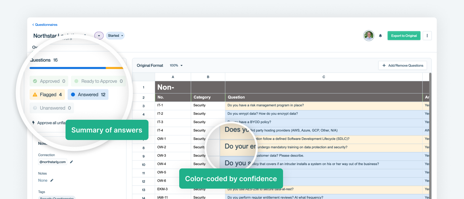 Overview shows answered counts and color-codes by status.