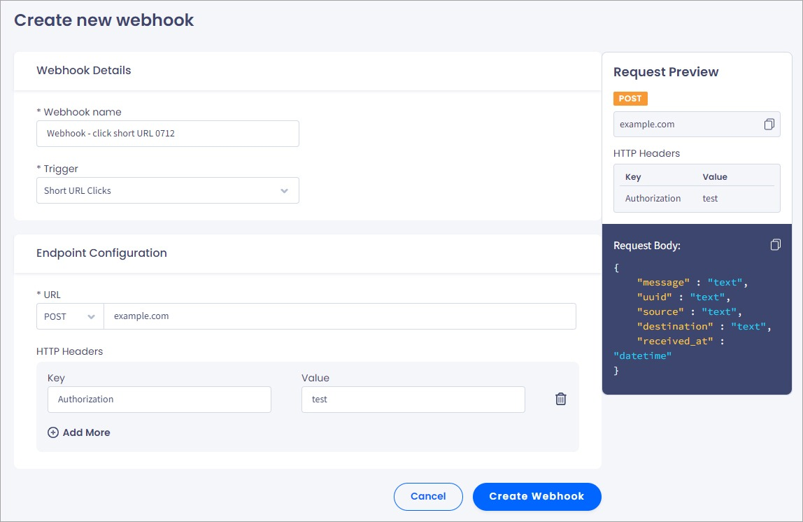 Screenshot of the form to create a new webhook highlights the 'Webhook Details' and 'Endpoint Configuration' input fields, the 'Create' and 'Cancel' buttons, and the 'Request Preview' window on the right.