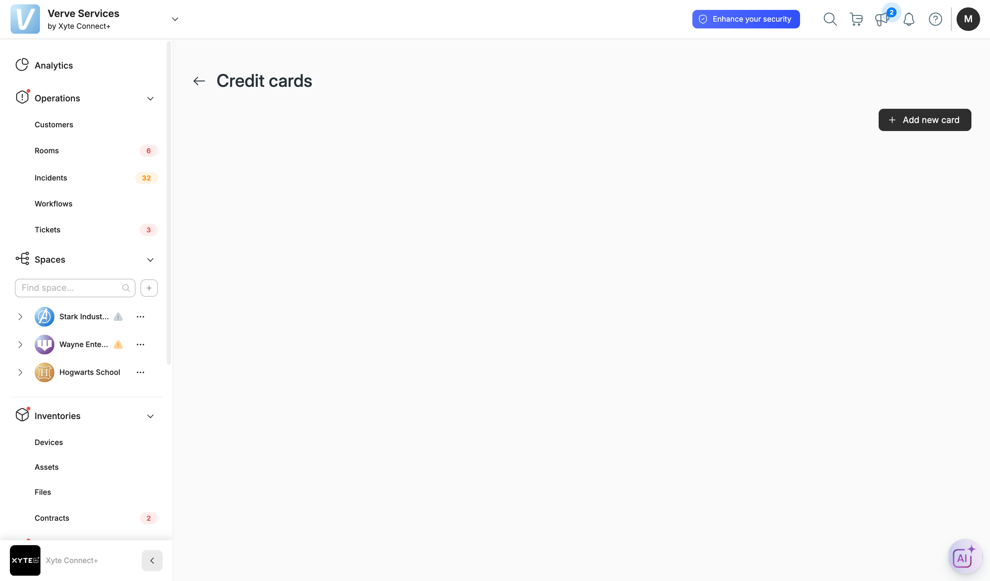 Payment card management screen.