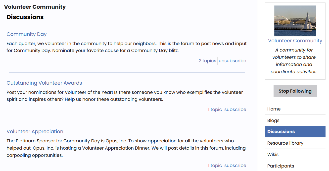 Example volunteer community page with discussions.