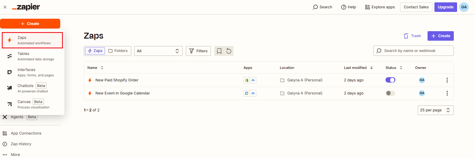 Screenshot of the + Create option