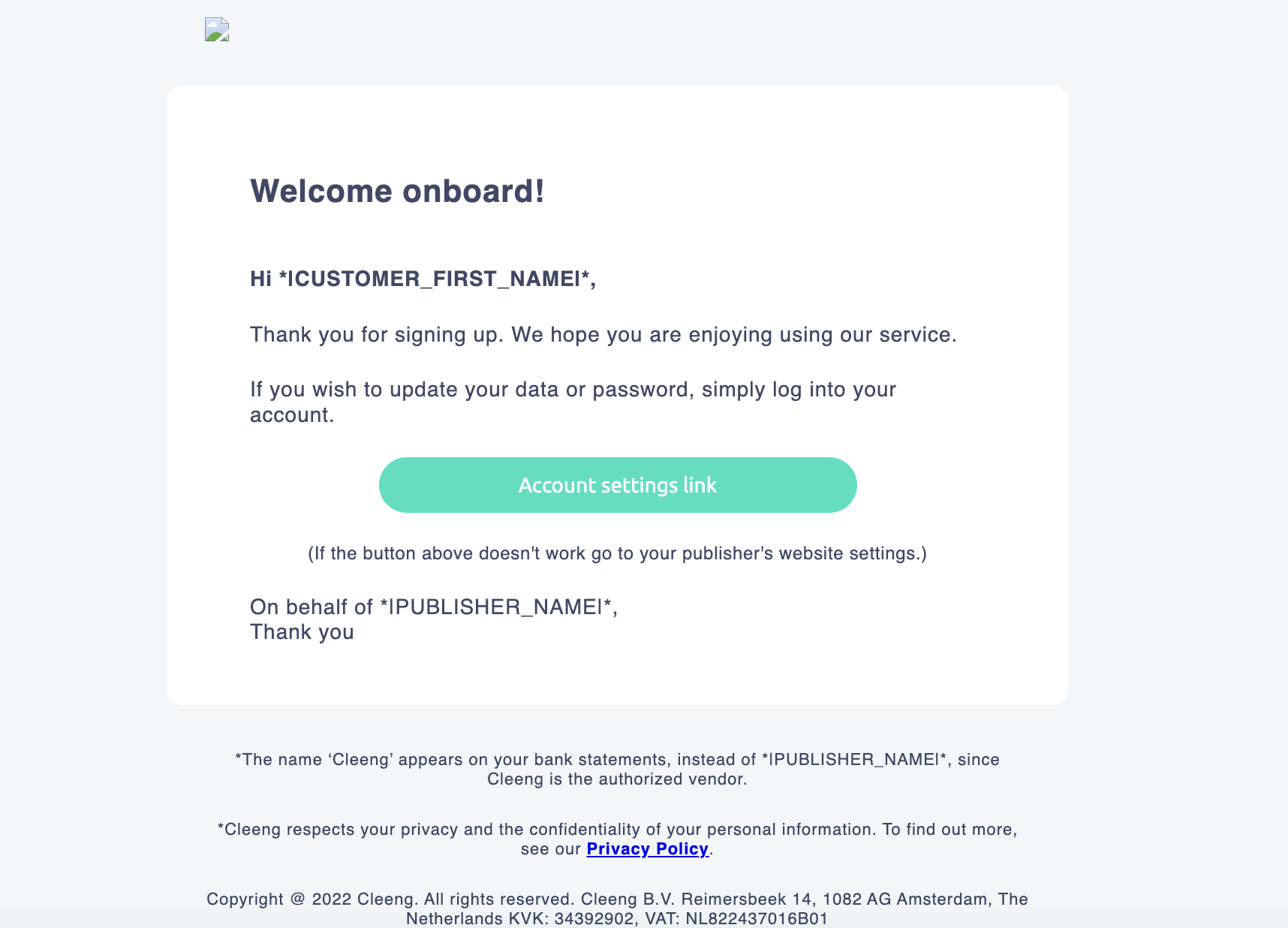 Welcome email example