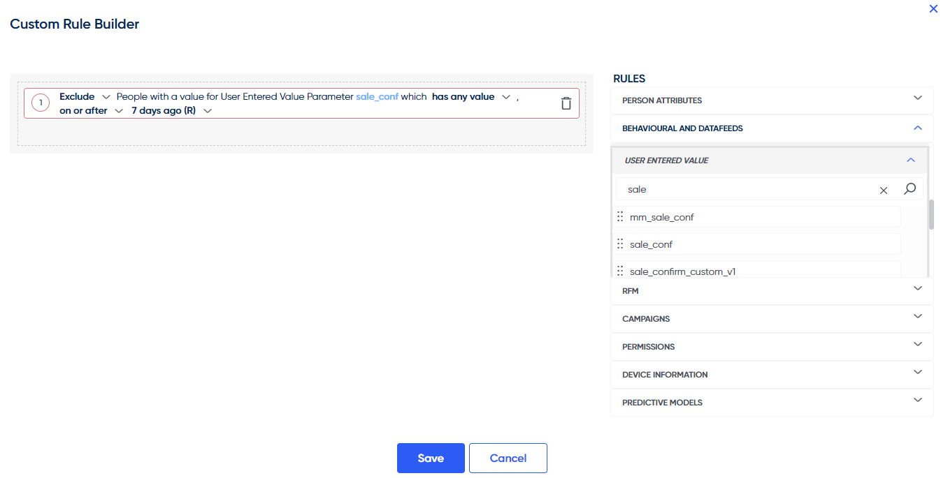 A rule created excluding anyone with a "sale_conf" (Purchased via website) value in the last 7 days