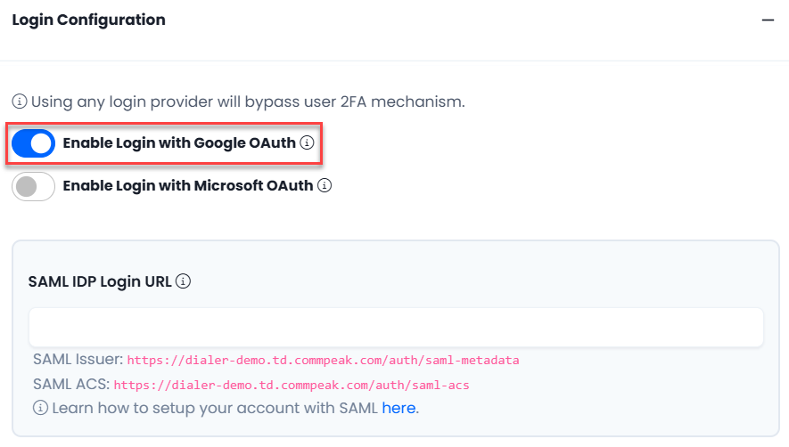 Screenshot of Login Configuration with Google OAuth option highlighted