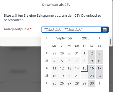 Auswahl der Zeitspanne für den CSV Download