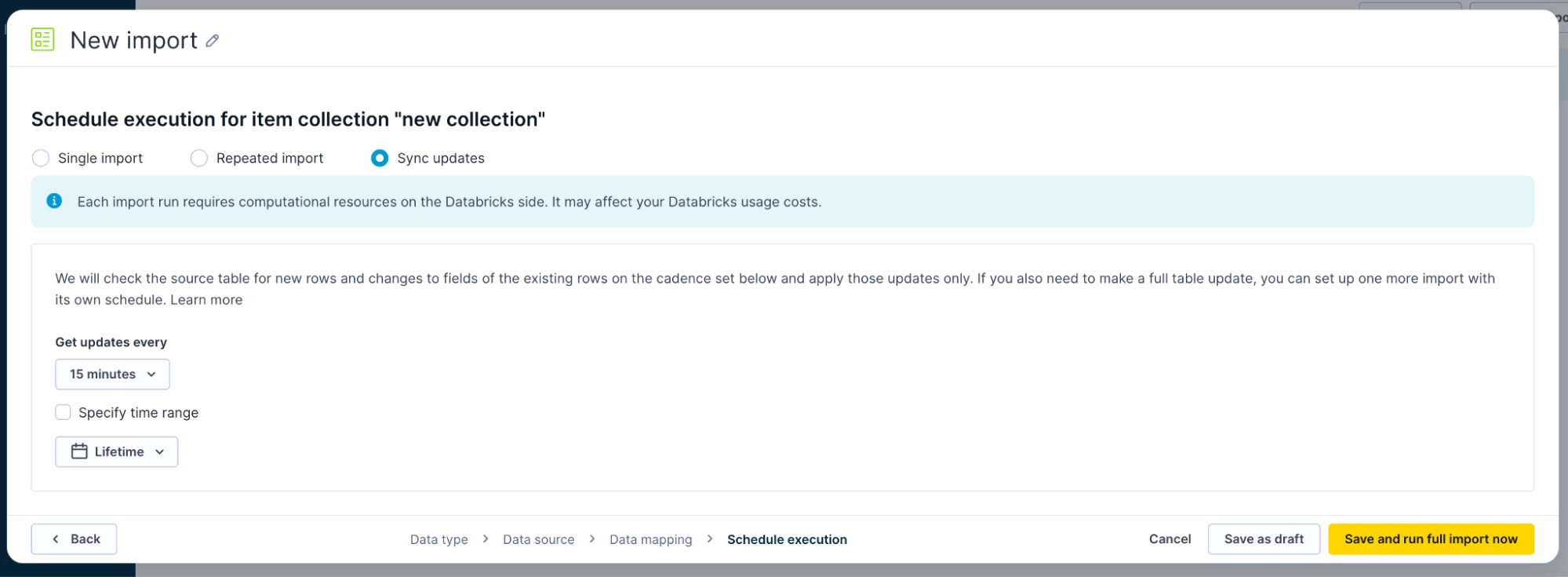 Sync updates scheduling panel with options to set update frequency and time range for recurring delta imports.