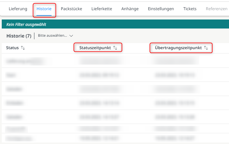 Anzeige des Status- und des Übertragungszeitpunktes innerhalb einer Lieferung