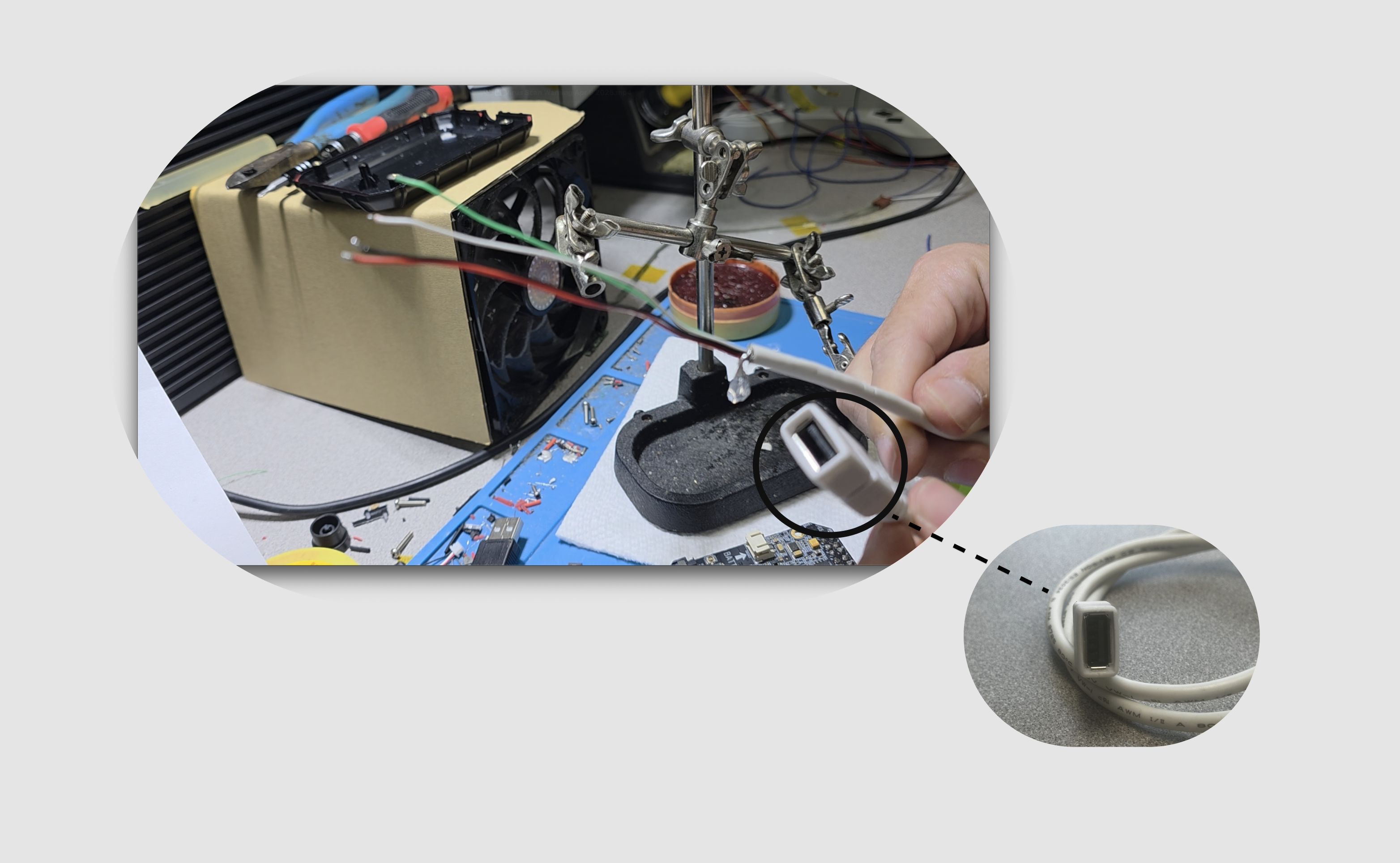 We repurposed a USB extension cable by exposing the internal wires for soldering, while preserving the female USB-A head to relocate audio connectivity externally.