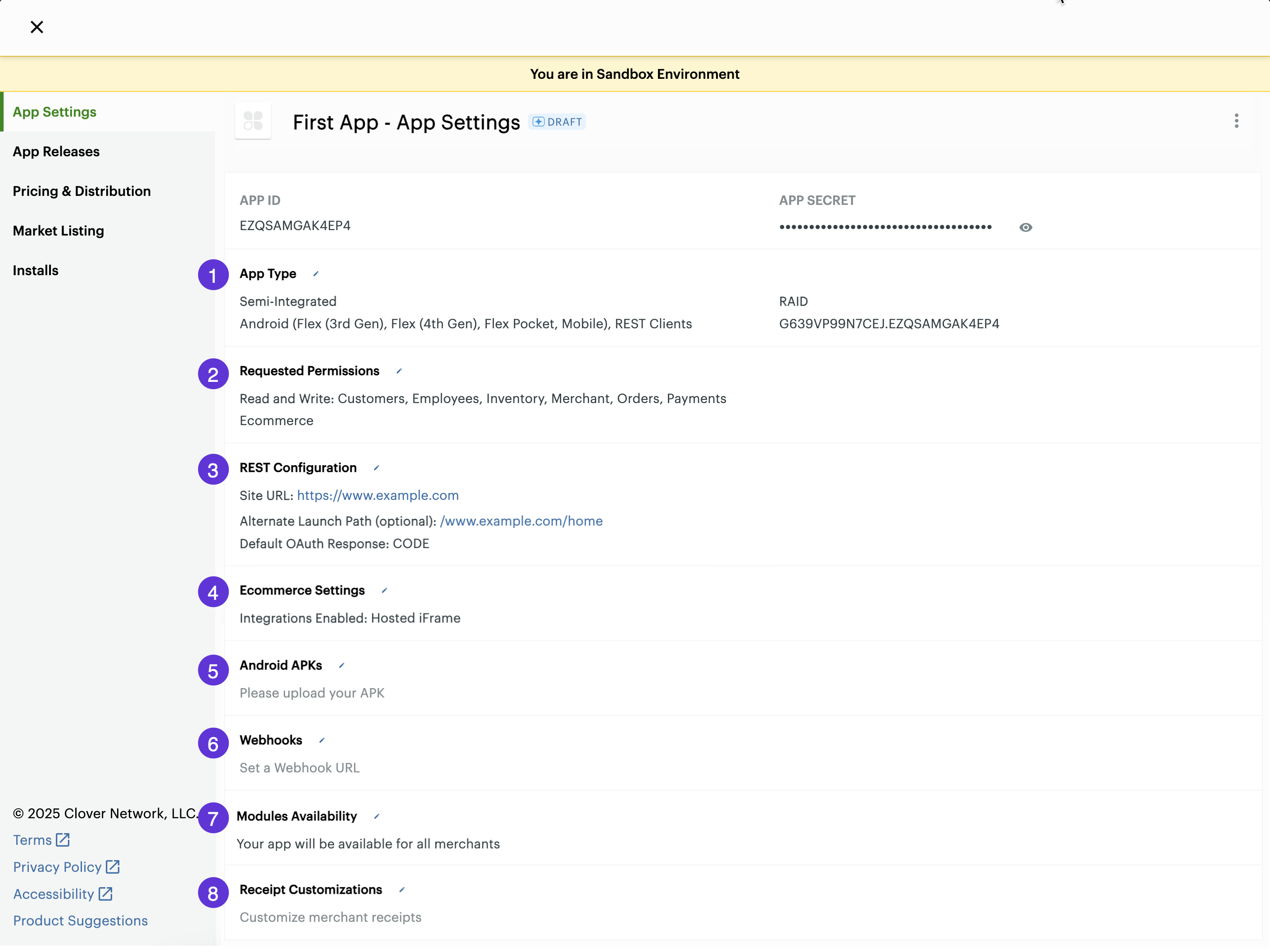 Global Developer Dashboard—App Settings page