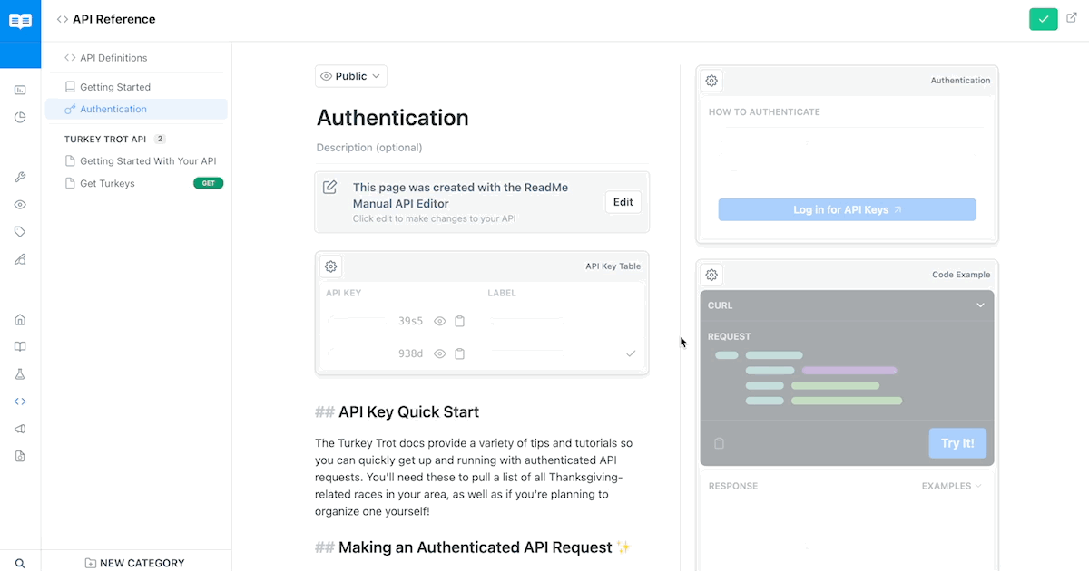⚠️ Note: the API Key Table, Authentication, and Code Example widgets cannot be edited.
