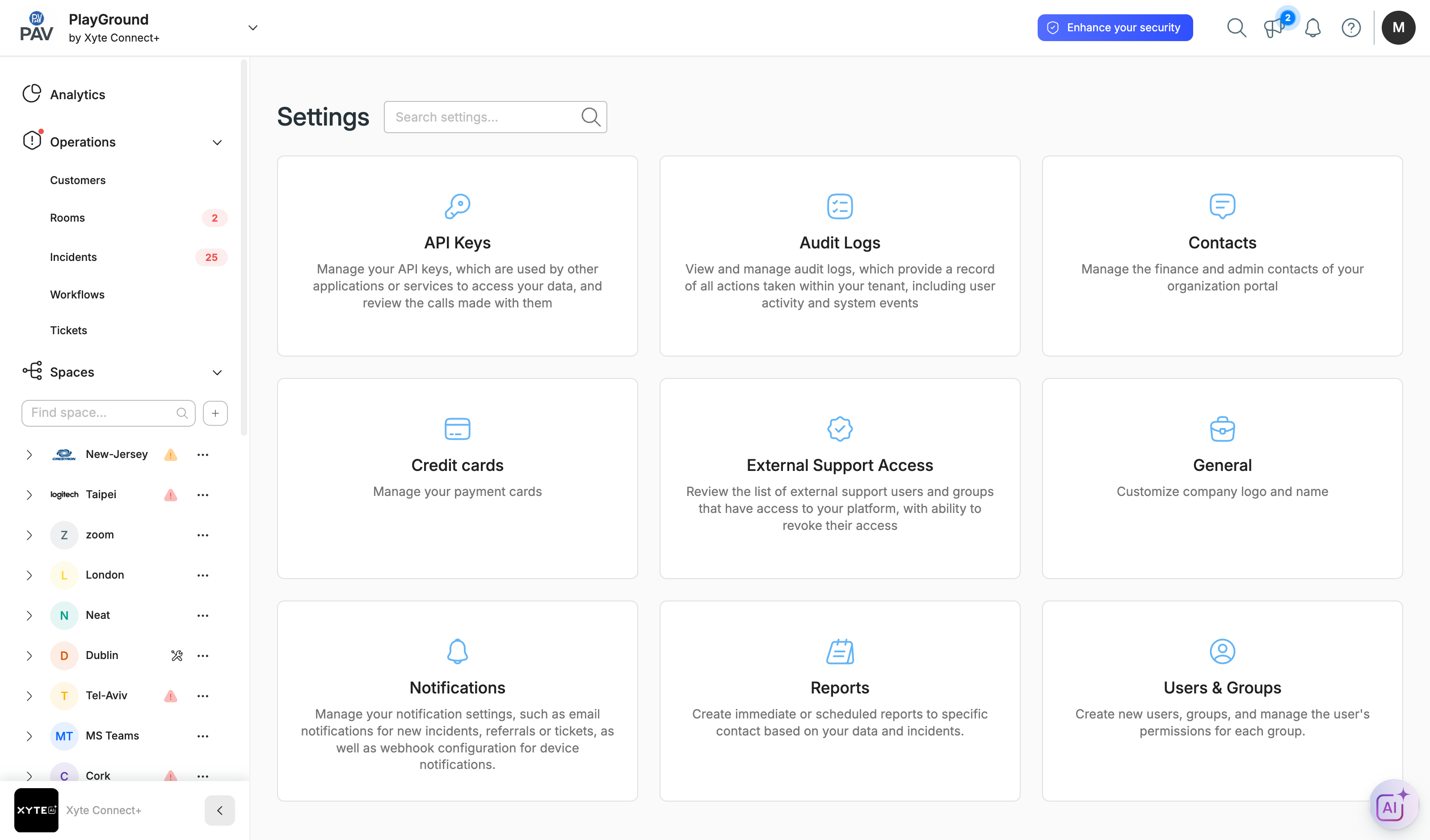 The Settings page with its feature cards.