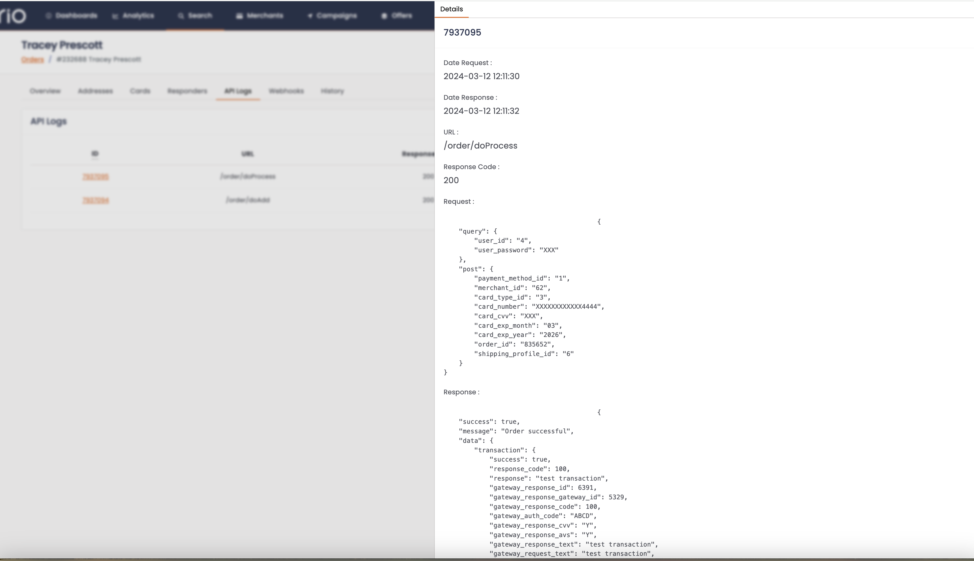 Full API Payload display