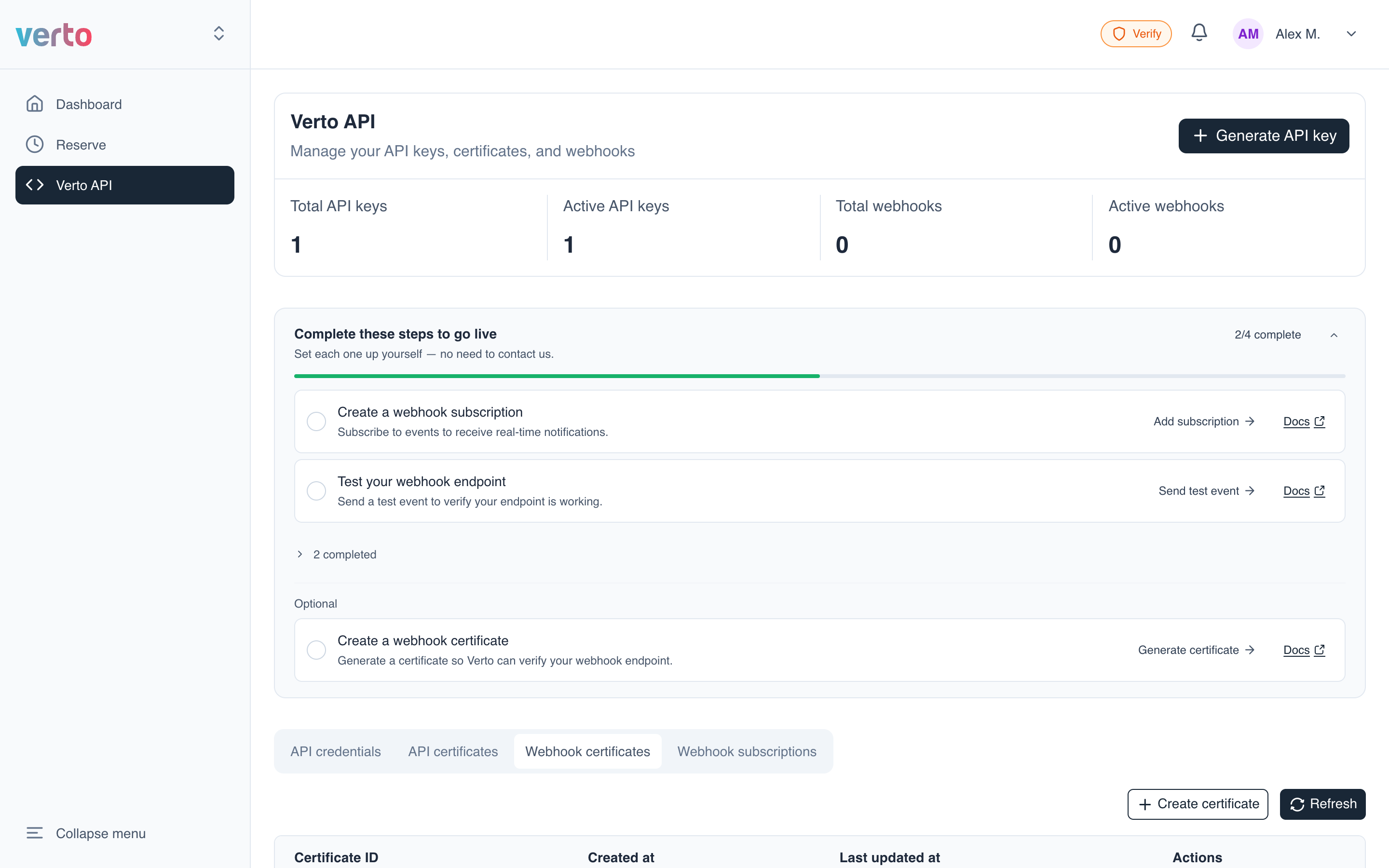 Verto API page with the go-live checklist