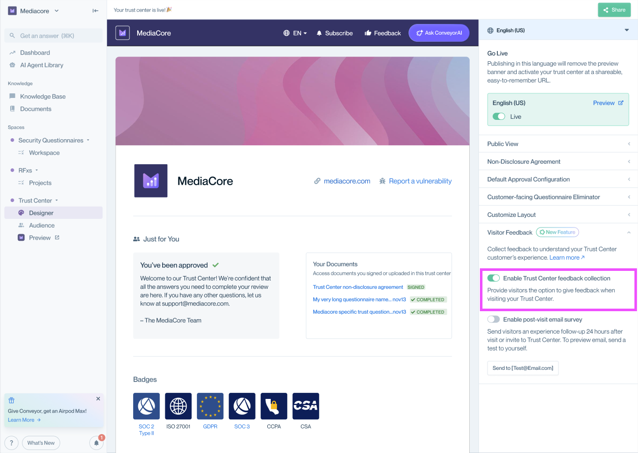 Visitor Feedback settings expanded showing the toggle for "Enable Trust Center feedback collection" enabled.